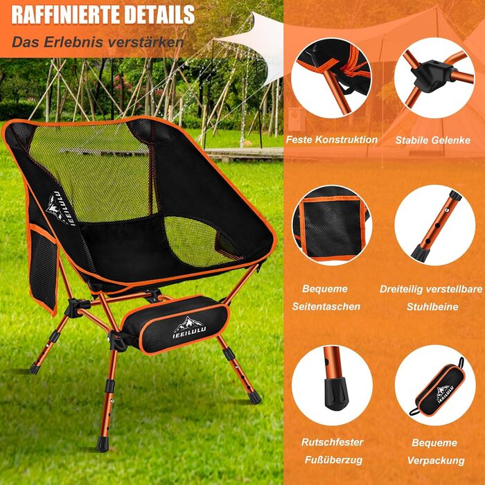 Складний туристичний стілець IEEILULU, 130 кг, для кемпінгу, пікніків, риболовлі, відпочинку на природі та подорожей. Оранжевий колір