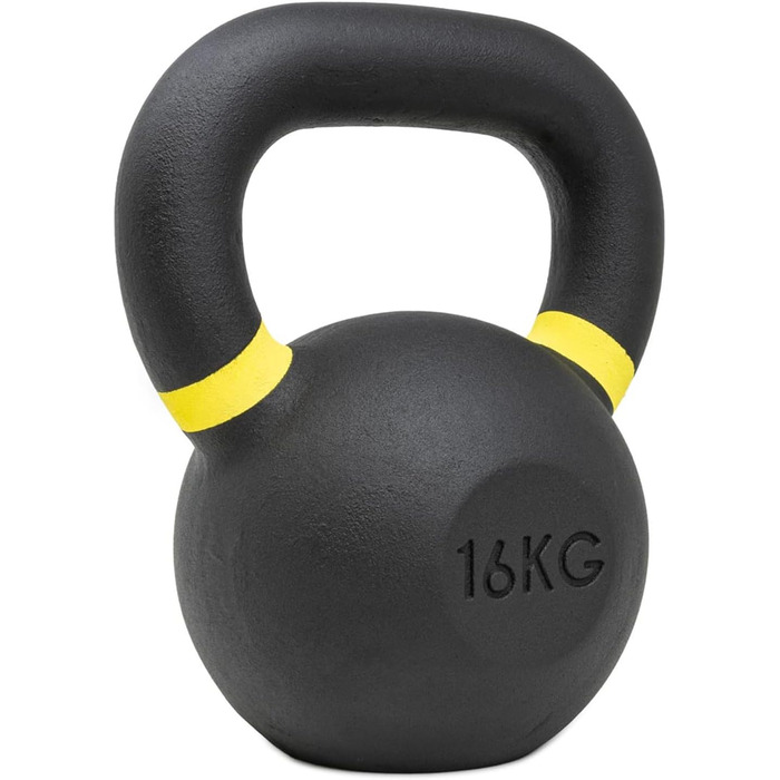 Гиря чавунна Strength Shop 16 кг з ергономічною ручкою, кольоровим маркуванням ваги та чорним порошковим покриттям, для функціонального тренування всього тіла