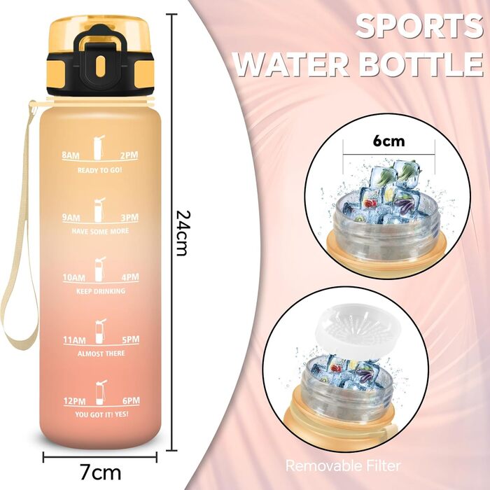 Спортивна пляшка для води 1 літр з міткою часу, витокозахисна, для велосипеда, школи, офісу, фітнесу (500 мл, бурштиново-помаранчевий)