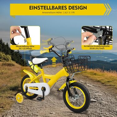 Дитячий велосипед 12 дюймів для дівчаток та хлопчиків з додатковими колесами, дзвінком та кошиком, регульована висота, від 3 років, червоний/синій/жовтий