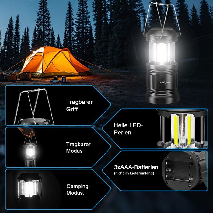 LED кемпінговий ліхтар на батарейках, портативна ультраяскрава лампа, складаний ліхтар для кемпінгу, набір для виживання, для походів, надзвичайні ситуації, 2 шт.