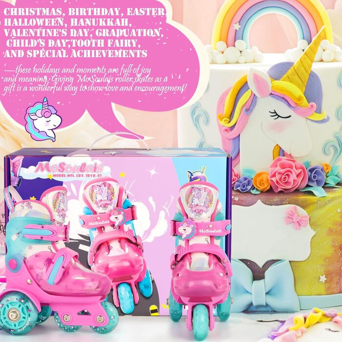 Дитячі ролики Kinder Einhorn для дівчаток та хлопчиків, з підсвічуванням, регульовані, 4 розміри, для початківців, подарунок