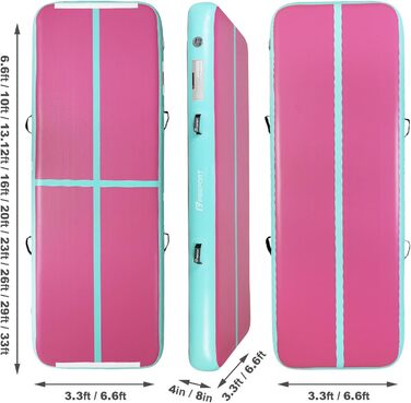 FBSPORT Airtrack Matte - килимок для гімнастики та йоги, 300x100x20 см, зелено-рожевий, з насосом та сумкою