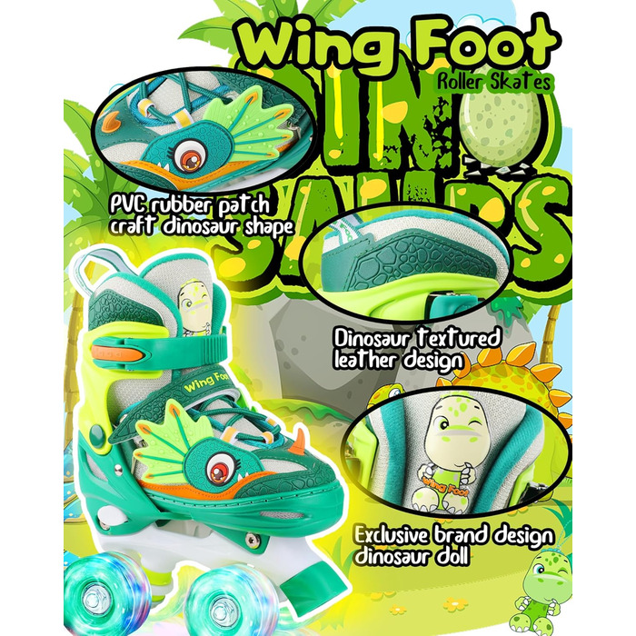 Ролики дитячі Kinder Dinosaurier з підсвічуванням, розмір регулюється, зелені
