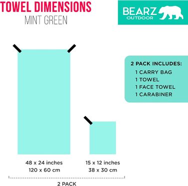 Швидковисихаюче рушник BEARZ Outdoor: туристичне, для кемпінгу, фітнесу, йоги, з мікрофібри (Space Gray, Mintgrün 2 шт.)