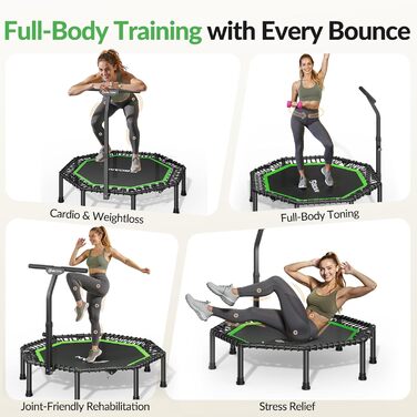 Трамплін для фітнесу BCAN, діаметр 102/122/130 см, з пружинами/ bungee-шнурами, для дорослих до 250 кг, з регульованими ручками, тихий та з низькою вібрацією, зелений/чорний