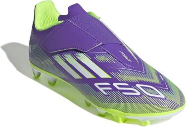 Дитячі футбольні бутси Adidas F50 Club Hook and Loop для гри на твердих та універсальних покриттях, розмір 35 EU, фіолетовий/білий/лимонний колір