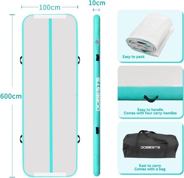 Гімнастичний мат DOBESTS Airtrack 600x100x10 см, зелений, з насосом і сумкою, надувний мат для дому, спортзалу, йоги, фітнесу, тумблінгу, висота 10/20 см, довжина 2-8 м