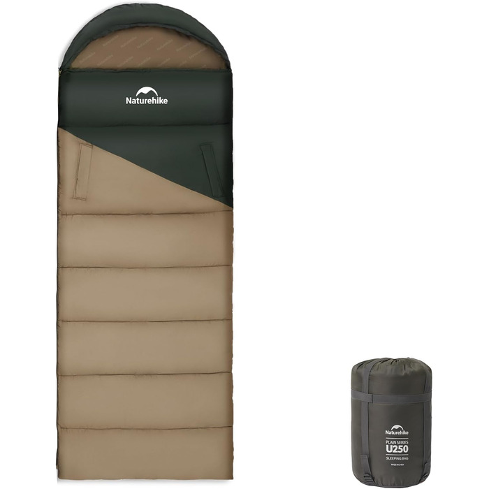 Спальний мішок Naturehike з капюшоном, для кемпінгу, легкий та зручний, ідеальний для подорожей та активного відпочинку на природі. Темно-зелений та коричневий, комфортна температура (7~11°C)