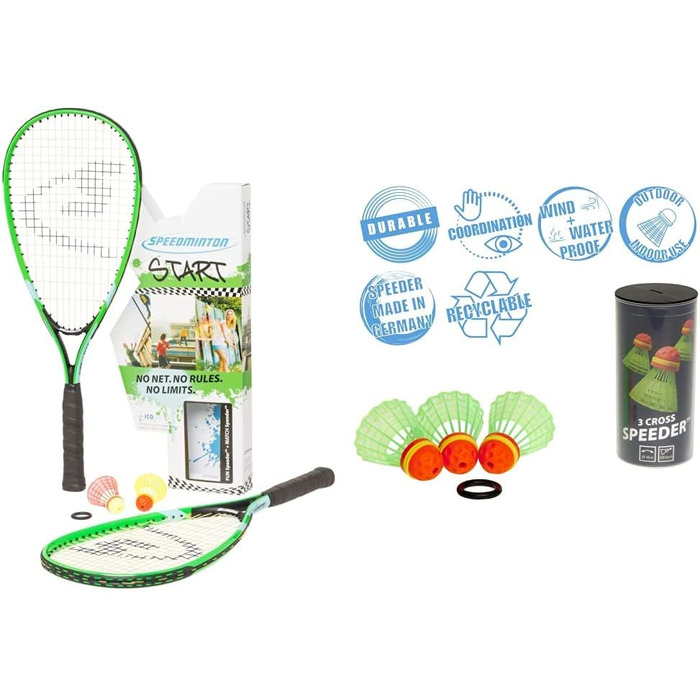 Набір для кросмінтону Speedminton Start, унісекс, 2 ракетки, 3 м'ячі, зелений/синій/чорний, бали червоні/зелені