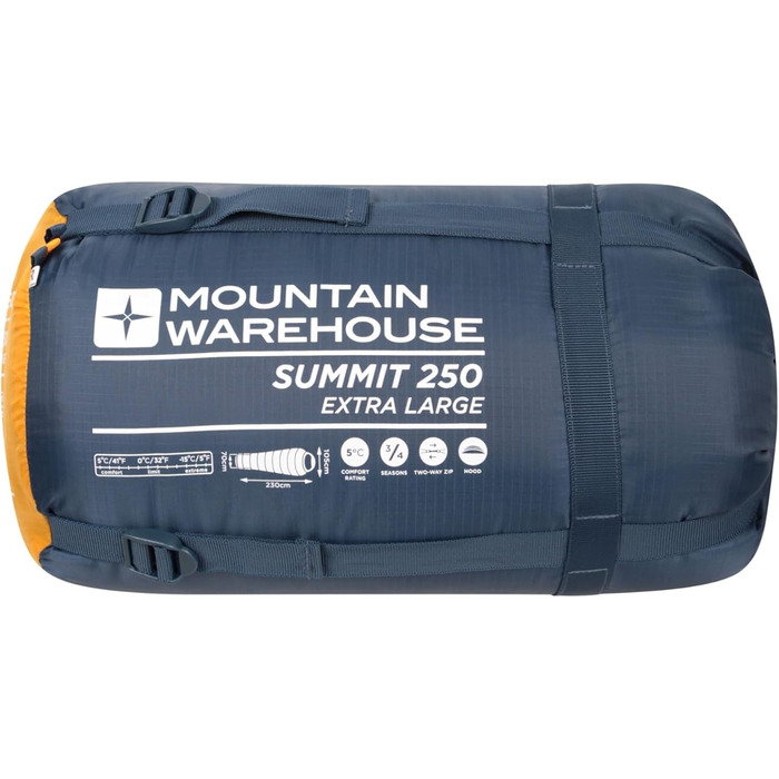 Спальний мішок Mountain Warehouse Summit 250 - 3/4 сезону, ізольований, мумієподібний, 22x40 см у складеному стані. Підходить для осені, кемпінгу та трекінгу. Застібка-блискавка справа, довжина 215 см (Жовтий, XL)