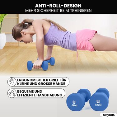 Гантелі неопренові UNYCOS 2 шт. (1-10 кг) - короткі, антиковзаючі для жінок та чоловіків, проти ковзання | для фітнесу, силових тренувань, пілатесу, гімнастики, домашнього спортзалу