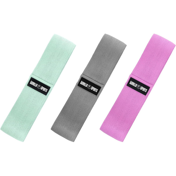 Гума для фітнесу GORILLA SPORTS® - набір 3 шт., з сумкою, 3 рівні опору та кольори, 76 см, нековзна, гумова - еспандер, фітнес-гумка, тренувальний банд, hip bands, йога, тренування ніг