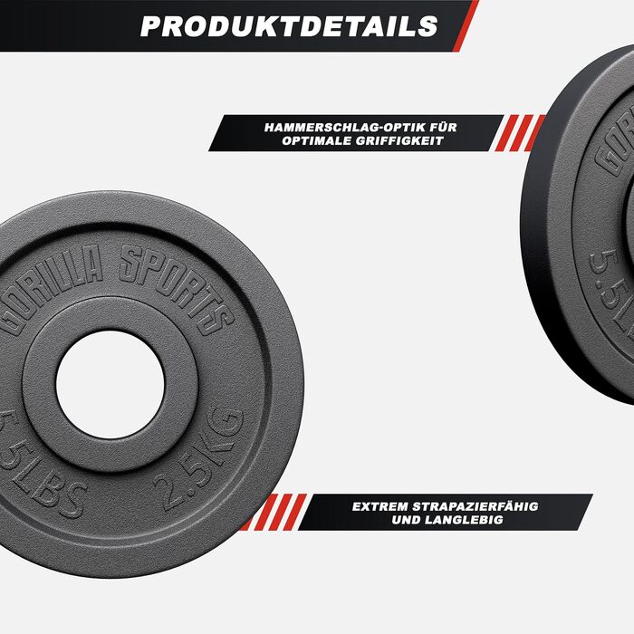 Олімпійські диски для штанги GORILLA SPORTS, чавунні, 1,25–30 кг, 50 мм, окремо чи комплект, для тренувань