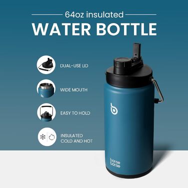 Термос пляшка BOTTLE BOTTLE 1.8 л з трубочкою, пігулочницею, ручкою та кришкою, з нержавіючої сталі для спорту та подорожей, темно-синя