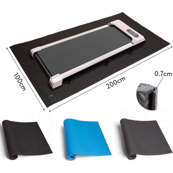 Захисний килимок для бігової доріжки, еліптичного тренажера та йоги 200x100 см, товщина 7 мм, протиковзний, чорний