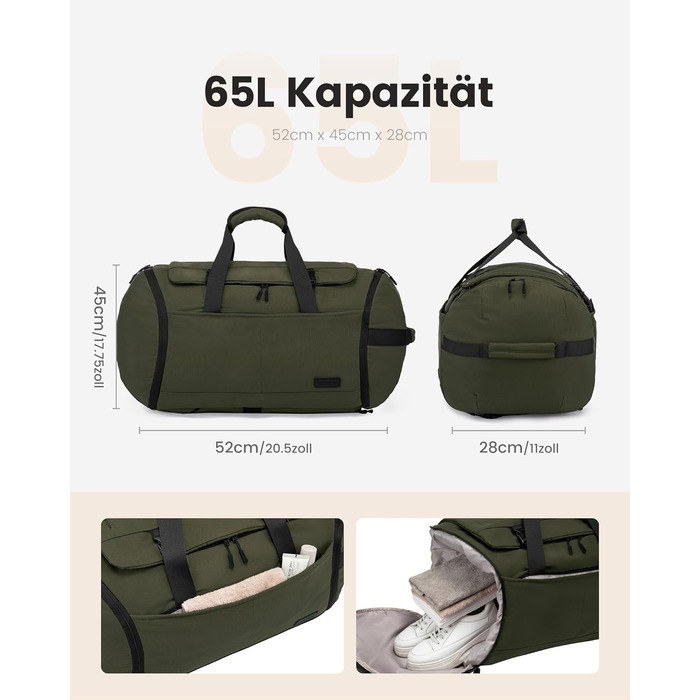 Спортивна сумка LOVEVOOK для чоловіків з відділенням для взуття, 65L, 52x45x28 см, Duffel Bag, для подорожей та спортзалу, темно-зелена