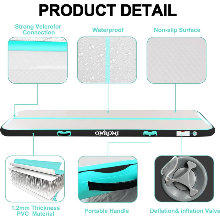 Надувний гімнастичний мат для акробатики та tumbling (6м x 1м x 10см) з електронасосом, зелений/чорний