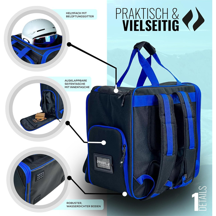 Рюкзак для лижних черевиків Driver13 з відділенням для шолома. Підходить для лиж, сноуборду, роликів та чоботів. Оригінальна модель з 2007 року, чорно-синій.