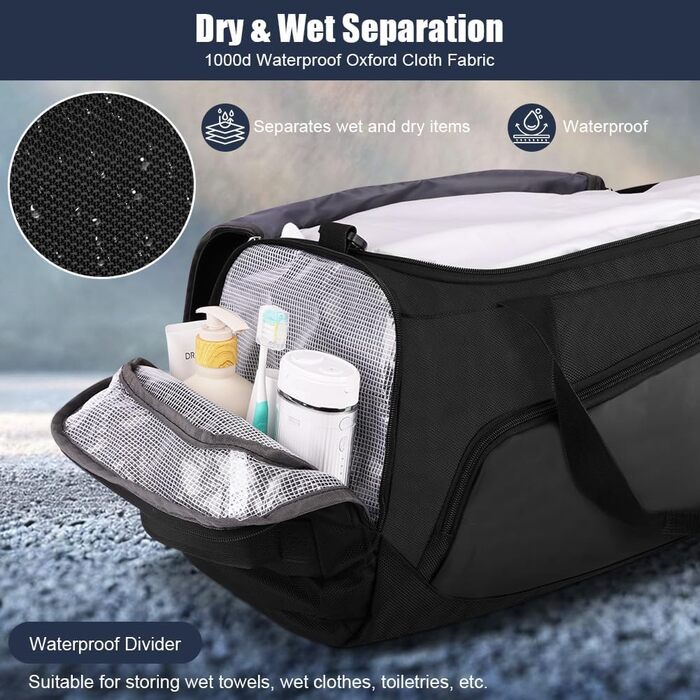 Спортивна сумка для подорожей з відділенням для взуття та вологих речей, водонепроникна сумка для фітнесу, плавання та залу, чорна (унісекс)