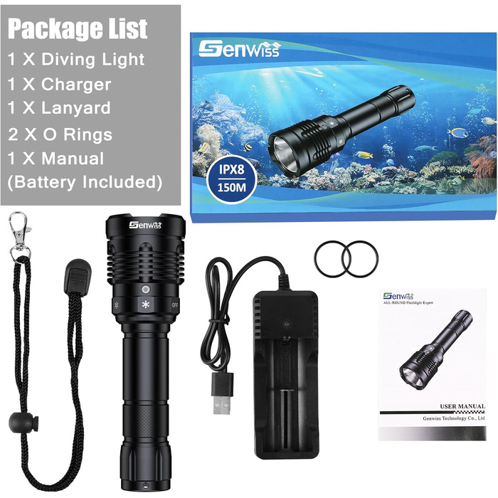 Підводний ліхтар Genwiss GN-T45: 2000 люмен, 150 м, 5 режимів, індикатор заряду батареї. Професійний для дайвінгу та освітлення