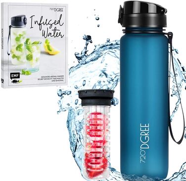 Набір 720°DGREE: пляшка для води uberBottle 500 мл SoftTouch із фруктовим фільтром та книга літніх рецептів, синя – для школи, спорту, дітей, подорожей