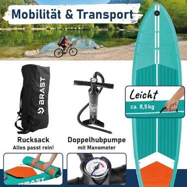 SUP дошка BRAST Turtle надувна з веслом, 320x81x15 см, бірюзова - комплект для Stand Up Paddleboarding (SUP) з 5-річною гарантією