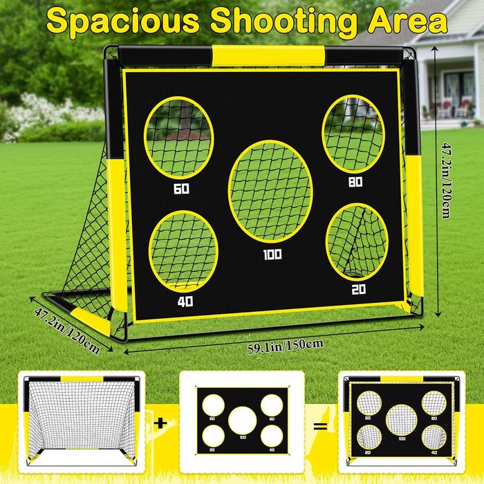 Дитячі воріта для футболу 2-в-1, 150х120 см, портативні та стабільні, з 5 цілями, 4 анкери та сумка, для саду, парку, пляжу (жовті)