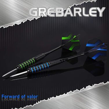 Професійні сталеві дротики Grebarley (12 шт.) з металевим наконечником, алюмінієвими стефтами (18 шт.) та польотами (9 шт.) синьо-зеленого кольору