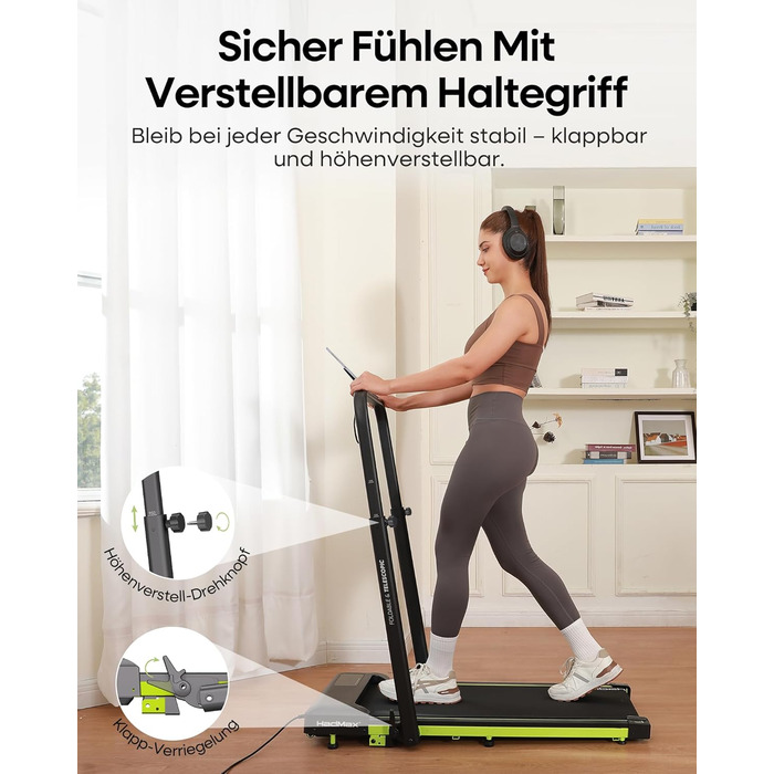 Бігова доріжка Walking Pad з нахилом 10%, 3.0 к.с., складна, для дому з магнітним пультом, LED-дисплеєм, висувними поручнями, 12 програм HIIT, до 136 кг, зелена