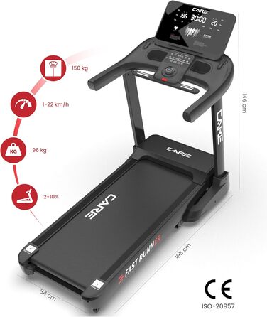 CARE FITNESS Fast Runner SP: Електричний біговий тренажер з регулюванням нахилу та складний - до 22 км/год, 20 рівнів нахилу, 57 програм, Kinomap