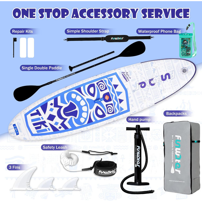 Надувний SUP Борд FunWater 10'6'–11'6' для всіх рівнів підготовки, з антиковзким EVA-деком, веслом, насосом та аксесуарами. Колір: блакитний/білий