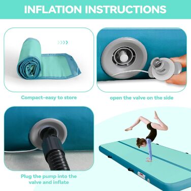 AirTrack мат з електричним насосом, 10-60 см заввишки, 2-5 м завдовжки. Килимок для гімнастики, йоги, кемпінгу, тренувань (зелений+синій, 300x100x10 см)