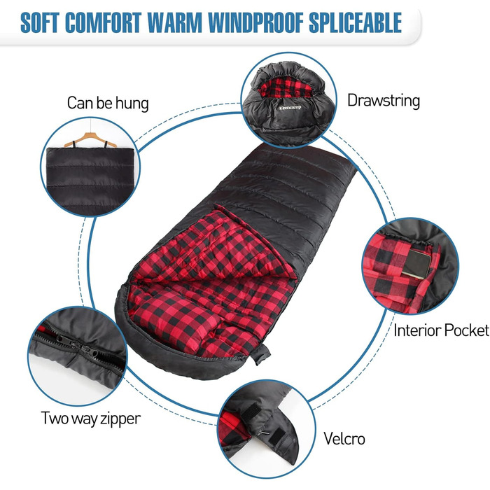 Спальний мішок Outdoor Flanell Warmer для туризму та кемпінгу. Бавовняне внутрішнє покриття, теплий, для 3-4 сезонів, XXL, -1°C, 230x90 см, чорний, на блискавці