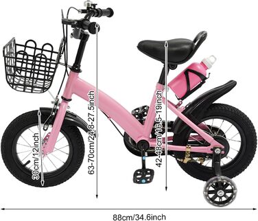 Дитяче велосипед 12 дюймів з регульованою висотою сідла, для дітей 2-5 років. Тренувальний велосипед з додатковими колесами, кошиком та пляшкою. Підходить для дівчаток та хлопчиків (Рожевий)