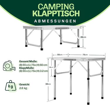 Складний туристичний стіл Campingtisch: регульована висота, зручний ручний перенесення, легкий алюміній, 75x55x26/60 см. Ідеальний для кемпінгу, саду та балкону.