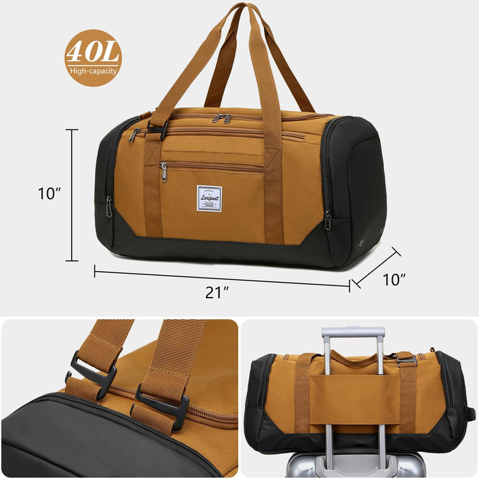 Спортивна сумка-рюкзак Laripwit 40 л для чоловіків і жінок, водонепроникна дорожня тренувальна сумка з відділенням для взуття та вологих речей, коричнева