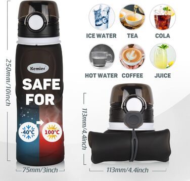 Пляшка для води силіконова складана 750 мл, медичний силікон, BPA-free, FDA, чорна - для спорту та активного відпочинку