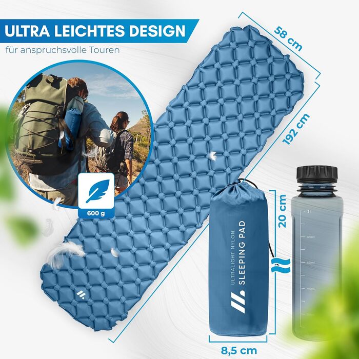 Каремат надувний NORDMUT® Ultraleicht з ремкомплектом - легкий, компактний, водонепроникний для кемпінгу, фестивалів та відпочинку на природі (синій)