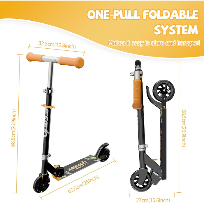 MEE GOO Роликовий самокат для дітей з алюмінію, складний, 3 регульовані висоти, LED колеса, чорний