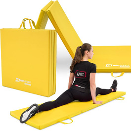 Складаний гімнастичний мат Hop-Sport 180x60x5 см, жовтий, товщина 4/5 см, для дому, фітнесу та гімнастики, з ручками для перенесення