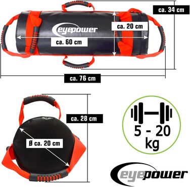 Мішок для тренувань EyePower 20 кг з 4 гантелями (заповнений піском) - 6 ручок, для дому, преміум якість, чорно-червоний