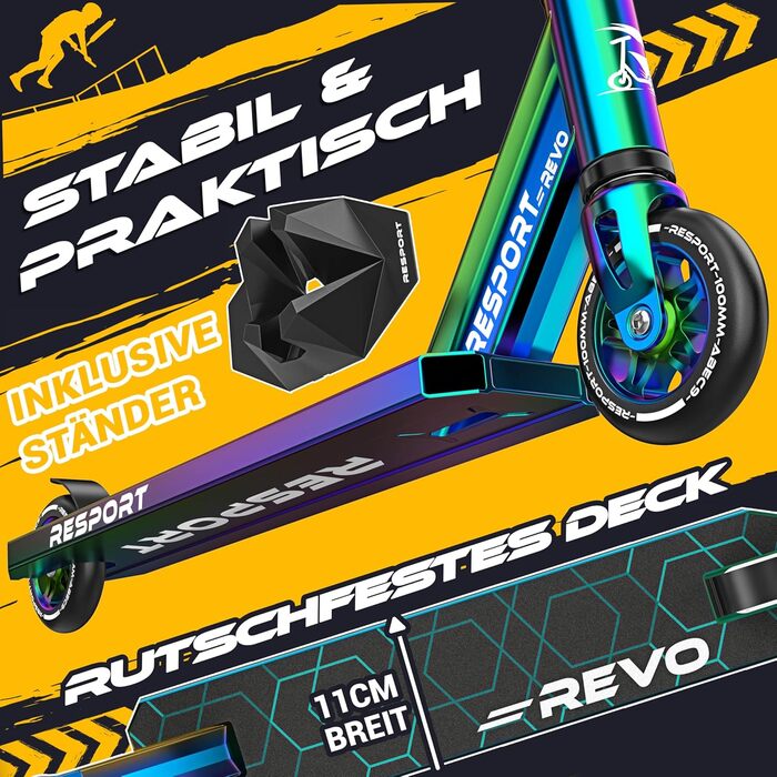 Трюковий самокат RE:SPORT® REVO Rainbow для дітей та дорослих зі стійкою | Професійний самокат з колесами 100мм PU та Y-рулем | Самокат трюковий, кікскутер ABEC 9