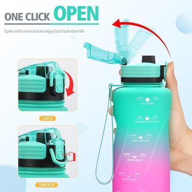 Дитяча спортивна пляшка для води Niggeey 2 л, мотиваційна, з часом, BPA-free, тритан, герметична, для школи, спорту, фітнесу, зелено-фіолетова