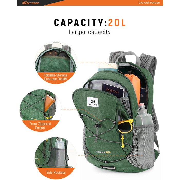 SKYSPER 20L складаний рюкзак для туризму, ультралегкий рюкзак для подорожей, денний рюкзак для походів, кемпінгу, зелений