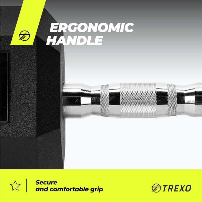 Гантеля TREXO Hex 32,5 кг, гексагональна, гумова, чавунна, для силових тренувань, ергономічна ручка
