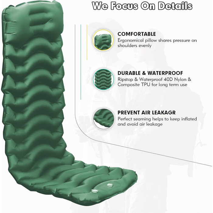 Надувний килимок Isomatte CIXMUS з самонадуванням, 10 см товщини, з насосом та подушкою, водонепроникний, для кемпінгу та відпочинку на природі, зелений