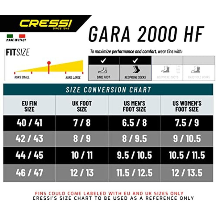 Ласти Cressi Gara 2000 HF чорні 42/43 для апное та фрідайвінгу, високопродуктивні