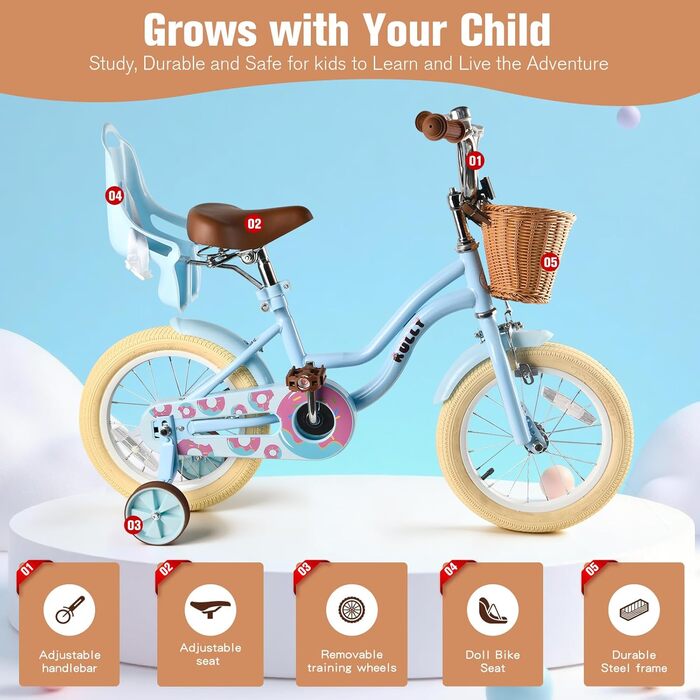 Дитяче велосипед RULLY для дівчаток з додатковими колесами, кошиком та сидінням для ляльки, регульоване сидіння, 2-7 років, блакитний, 16 дюймів