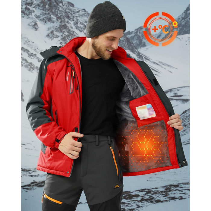 Зимова куртка KEFITEVD для чоловіків: водонепроникна, тепла, з капюшоном, Softshell, флісова, червона, XL